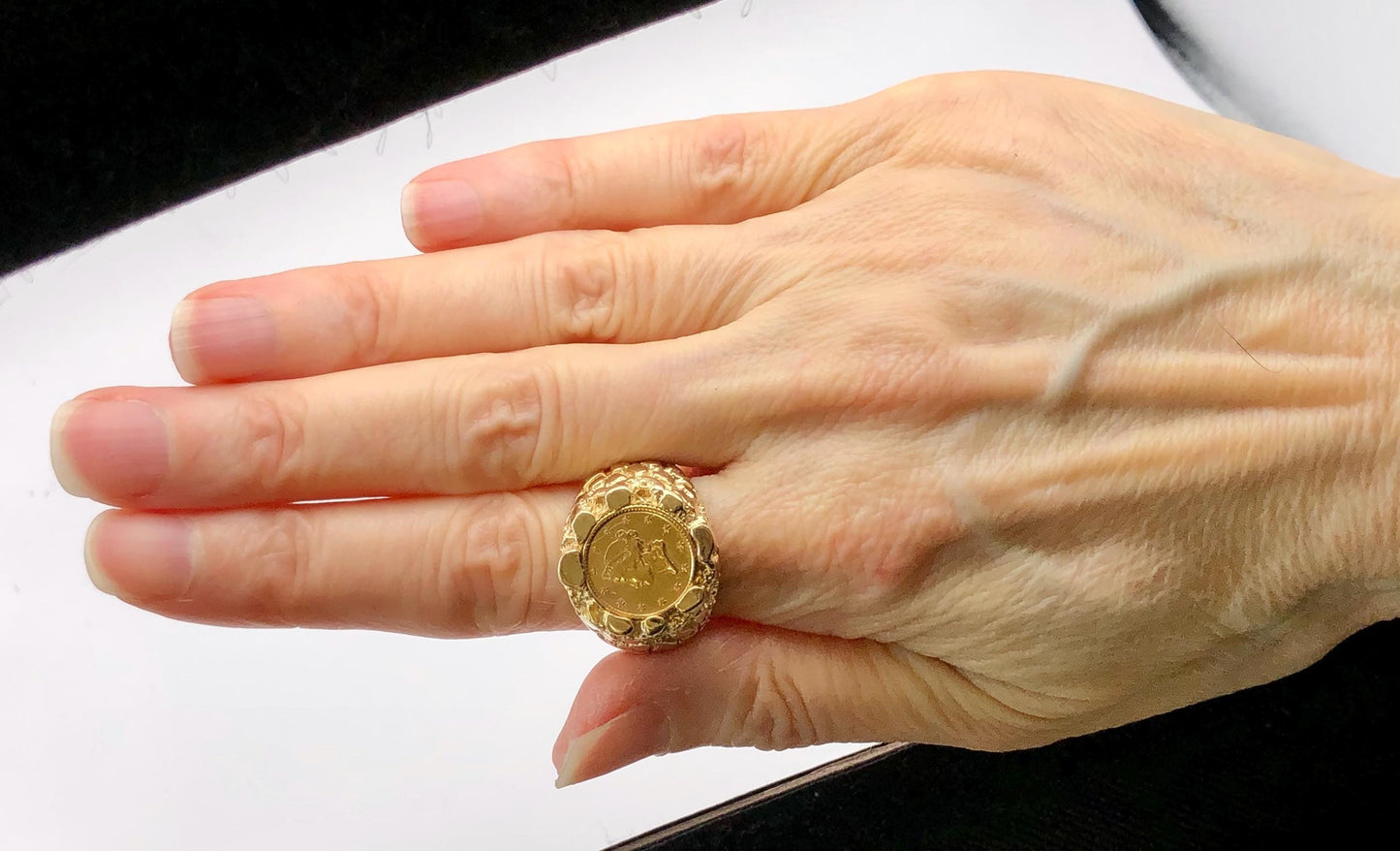 Genuine 1 Dollar Gold Liberty Head Coin Ring American Gold Coin with 14k Nugget Style Ring - Size 9.5