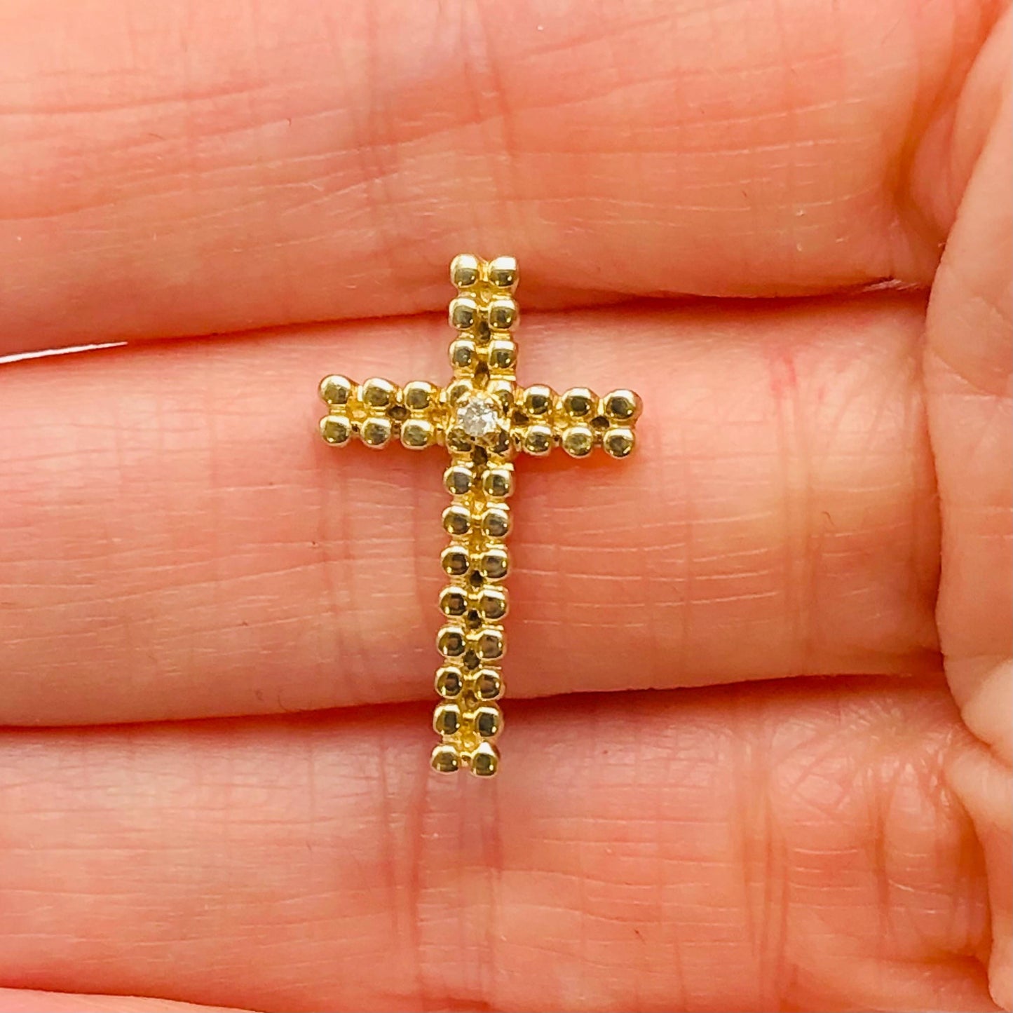 Vintage Small Solid 14k Yellow Gold Cross with Diamond