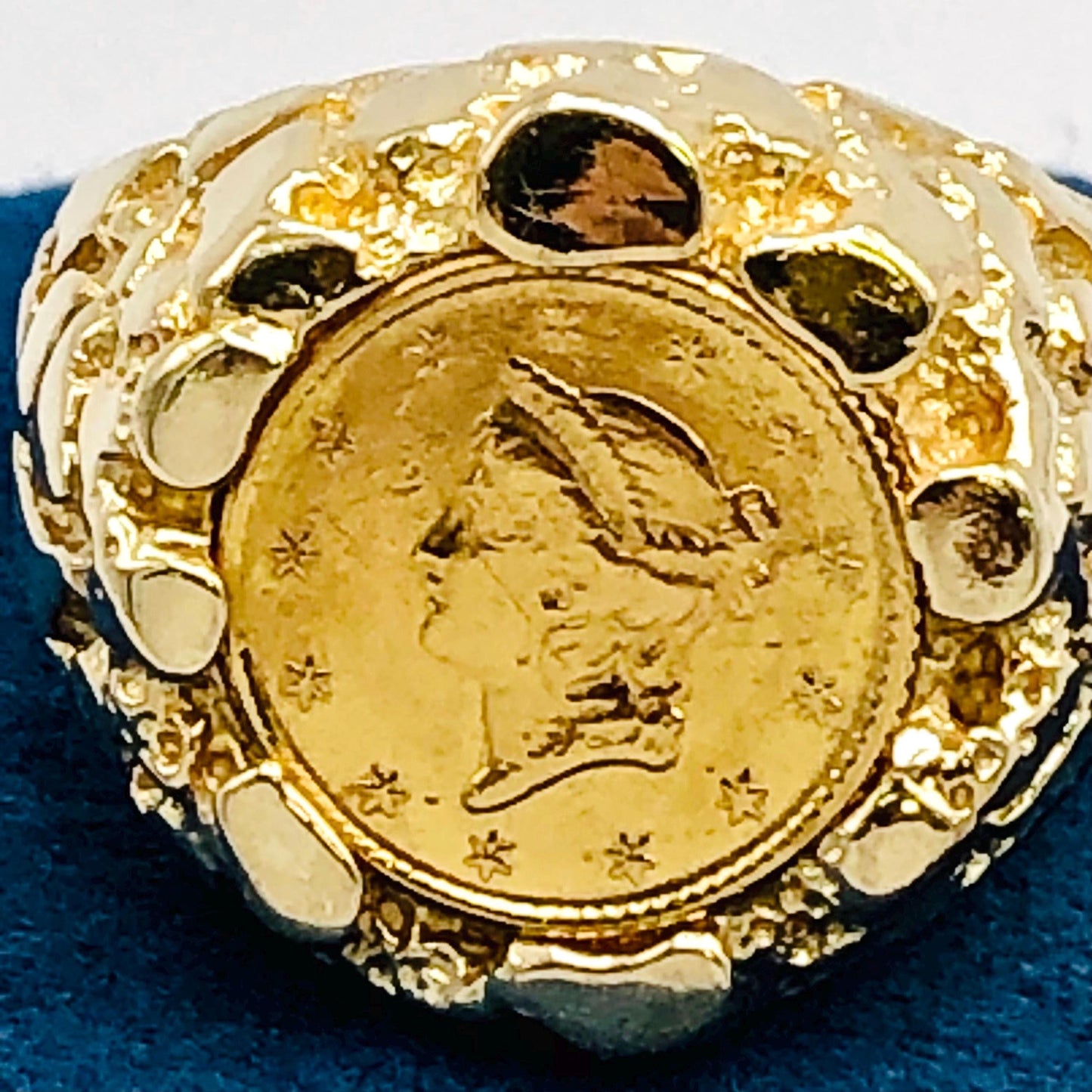 Genuine 1 Dollar Gold Liberty Head Coin Ring American Gold Coin with 14k Nugget Style Ring - Size 9.5