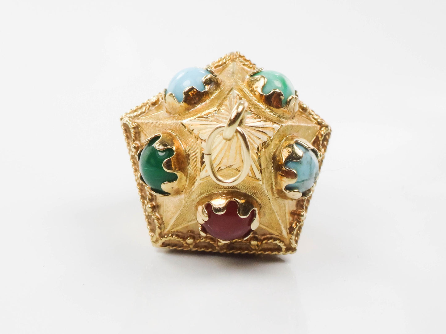 Vintage Large 18k Gold Turquoise and Colored Gemstone Charm Pendant, Italian Etruscan Revival Charm