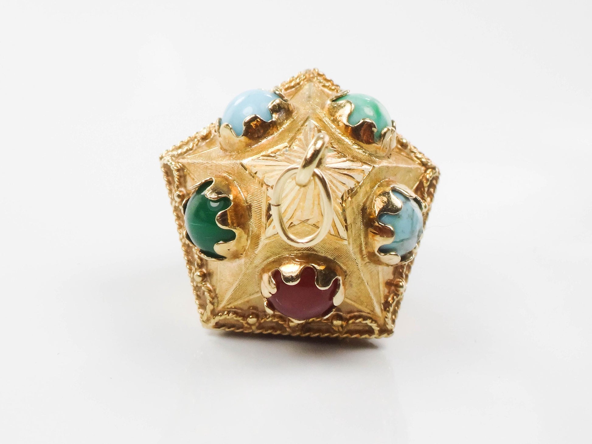 Vintage Large 18k Gold Turquoise and Colored Gemstone Charm Pendant, Italian Etruscan Revival Charm