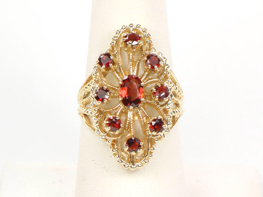 Vintage 14k Yellow Gold Large Garnet Cluster Ring - January Red Birthstone Ring - Size 7.25