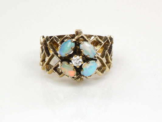 Vintage 14k Yellow Gold Natural Opals and Diamond Flower Ring, October Birthstone Ring, Size 7