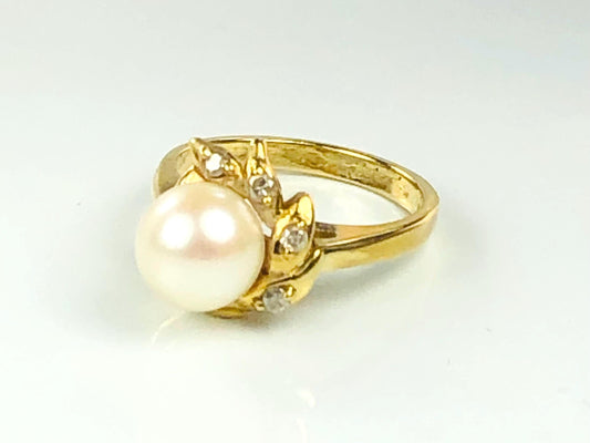 Vintage 14k Yellow Gold Cultured Pearl Diamond Ring Large 8 mm Pearl Ring - Bridal Ring - Size 6.25