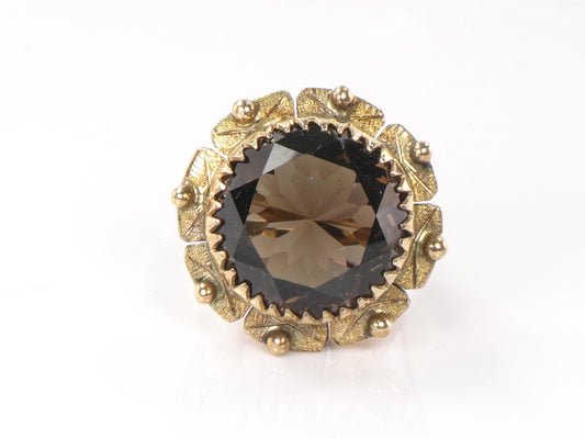 Vintage Large 14k Yellow Gold Floral Smoky Quartz Ring Round Brown Stone Ring Approx. 20 CTS Size 6.25