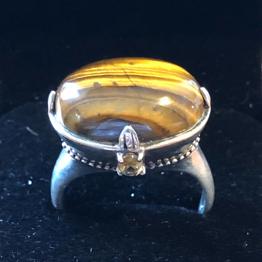 Vintage Large Sterling Silver Tiger Eye Ring, Oval Golden Brown Stone and Citrine Ring Size 10