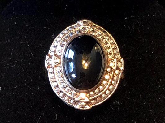 Vintage Sterling Silver Marcasite Ring Art Deco Black Onyx Ring Statement Ring Right Hand Ring Size 3.75