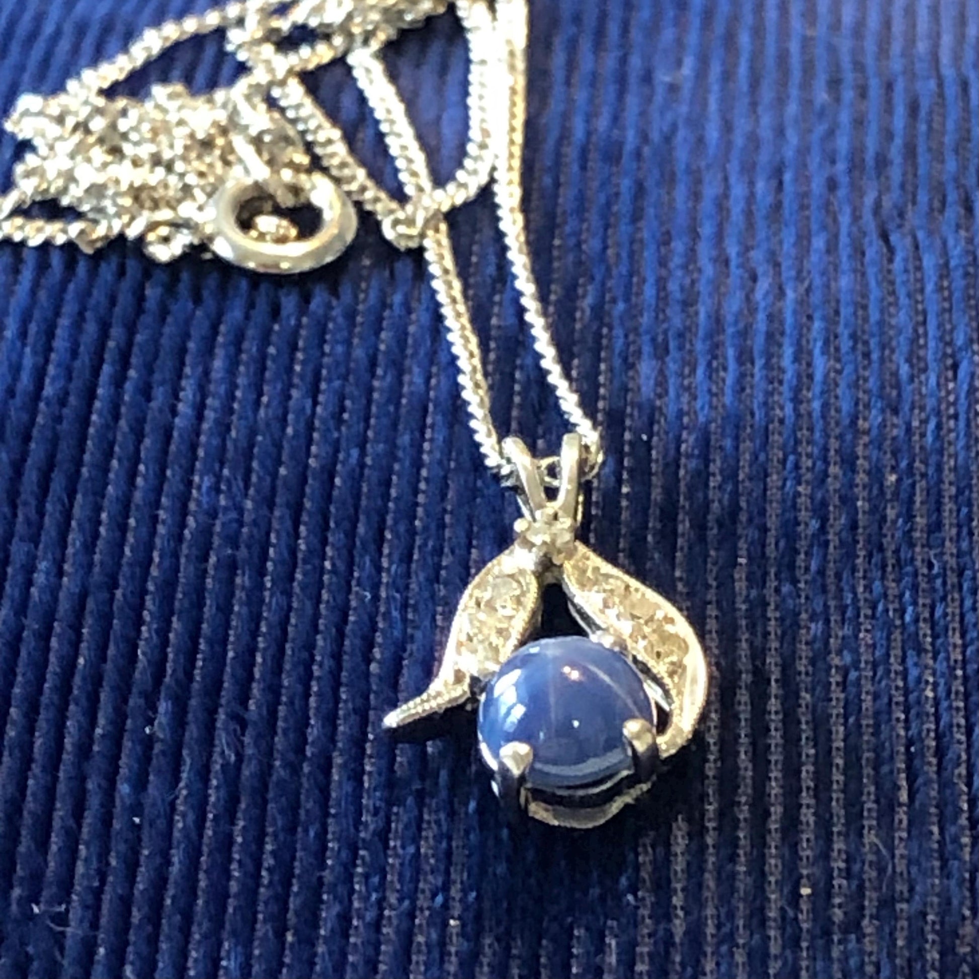 Vintage 14k White Gold Star Sapphire and Diamond Pendant with Sterling Silver Chain, Blue September Birthstone Necklace, 16"