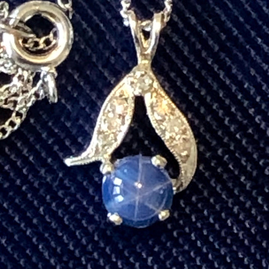 Vintage 14k White Gold Star Sapphire and Diamond Pendant with Sterling Silver Chain, Blue September Birthstone Necklace, 16"