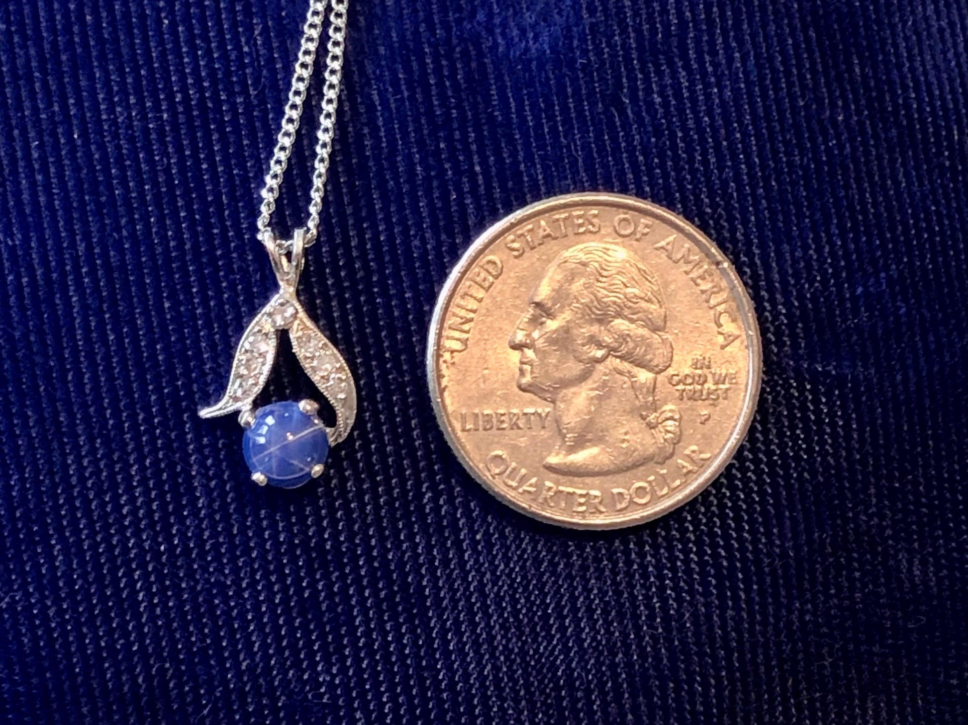 Vintage 14k White Gold Star Sapphire and Diamond Pendant with Sterling Silver Chain, Blue September Birthstone Necklace, 16"