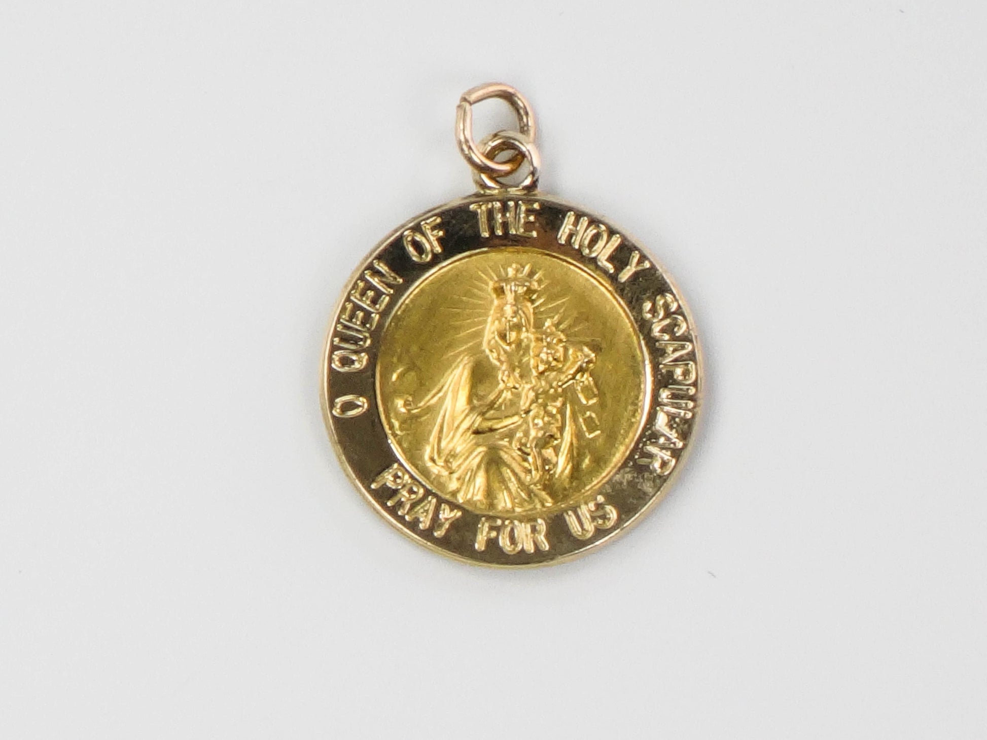 Vintage Small 14k Gold Queen of the Holy Scapular Pray for Us Medal with Sacred Heart of Jesus on the Back, Catholic Religious Pendant