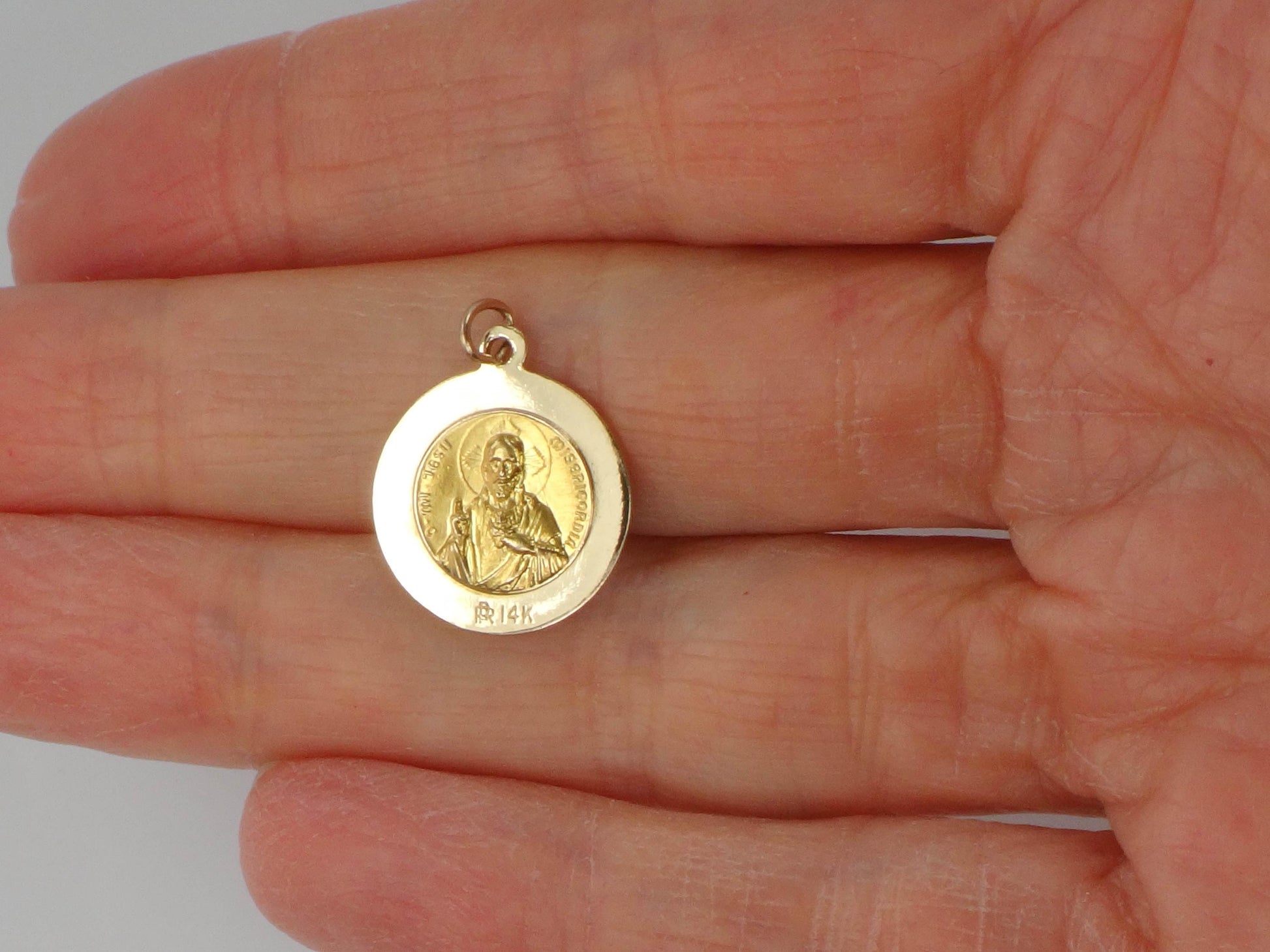 Vintage Small 14k Gold Queen of the Holy Scapular Pray for Us Medal with Sacred Heart of Jesus on the Back, Catholic Religious Pendant