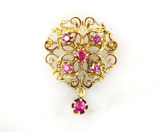 Vintage Large 14k Yellow Gold Ruby Pendant Pin - Red Stone Pendant with Dangle - July Birthstone Brooch