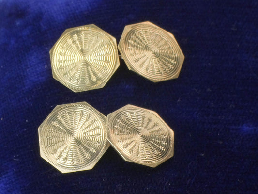 Art Deco 14k Yellow Gold Octagon Shape Cufflinks Engraved Engine Turned Cufflinks