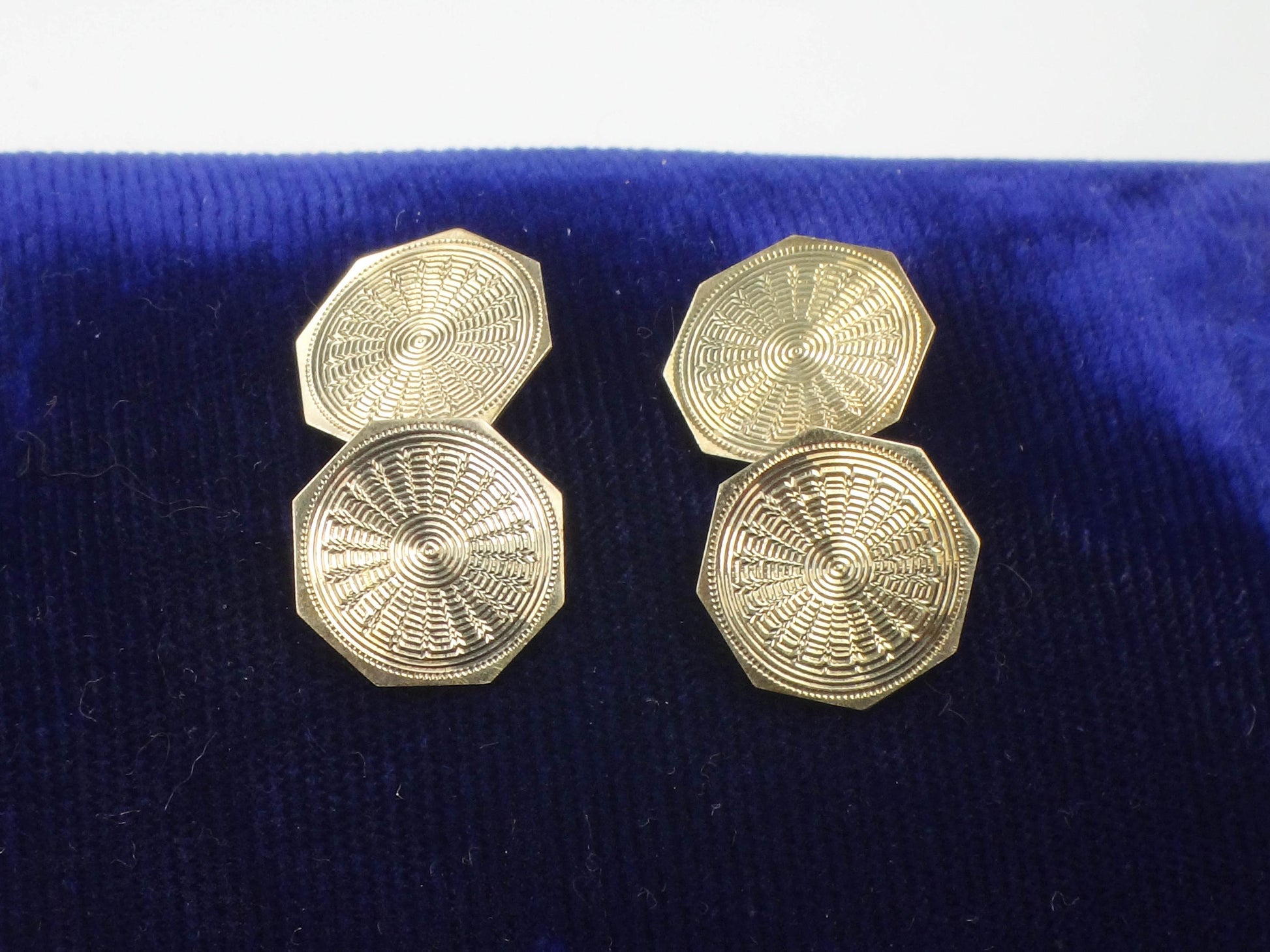 Art Deco 14k Yellow Gold Octagon Shape Cufflinks Engraved Engine Turned Cufflinks