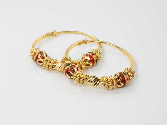 Vintage 22k Yellow Gold Hoop Earrings Fancy Earrings with Red and Green Enamel - 1 3/8"