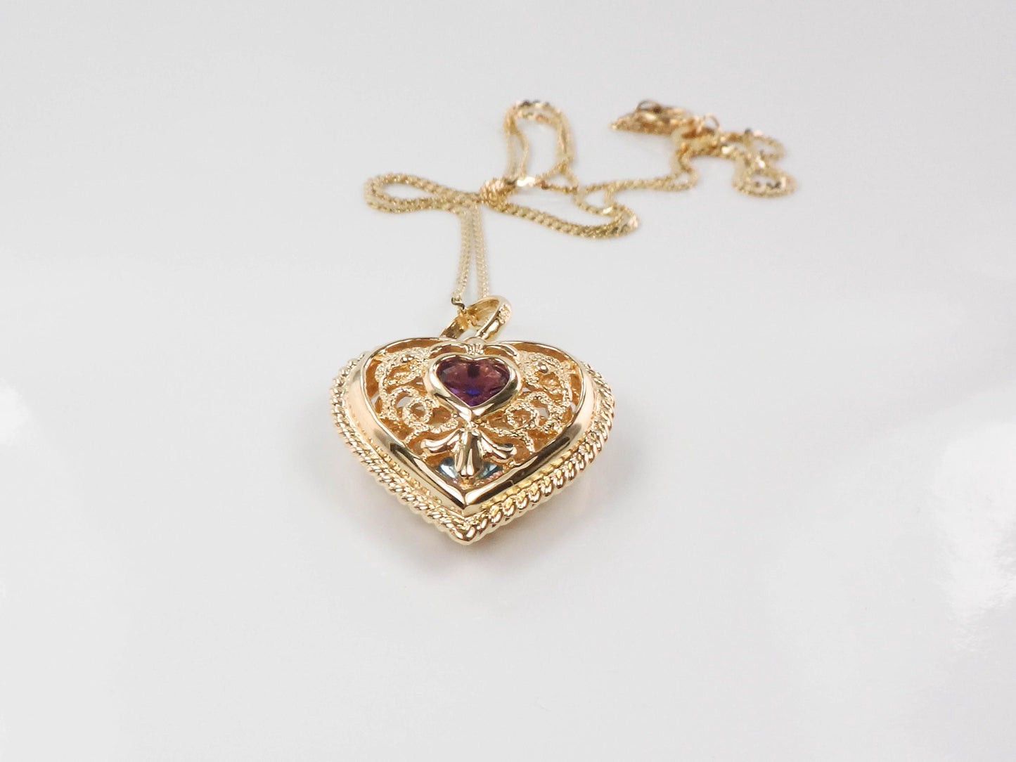 Vintage 14k Yellow Gold Purple Amethyst and Blue Topaz Heart Necklace, Reversible Pendant, 16"