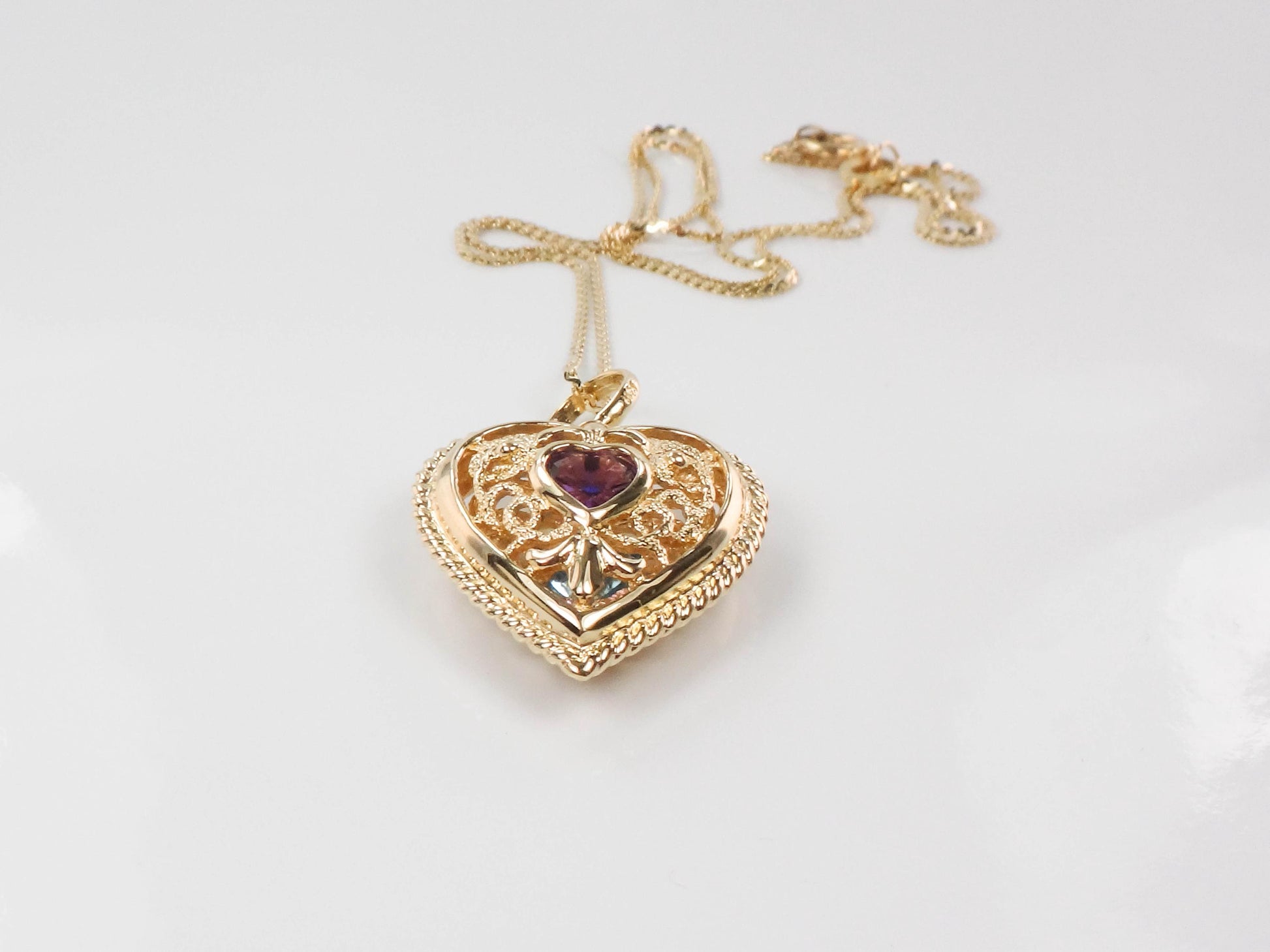 Vintage 14k Yellow Gold Purple Amethyst and Blue Topaz Heart Necklace, Reversible Pendant, 16"