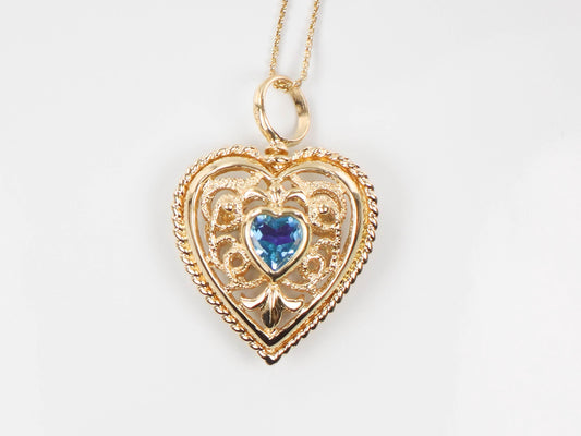 Vintage 14k Yellow Gold Purple Amethyst and Blue Topaz Heart Necklace, Reversible Pendant, 16"