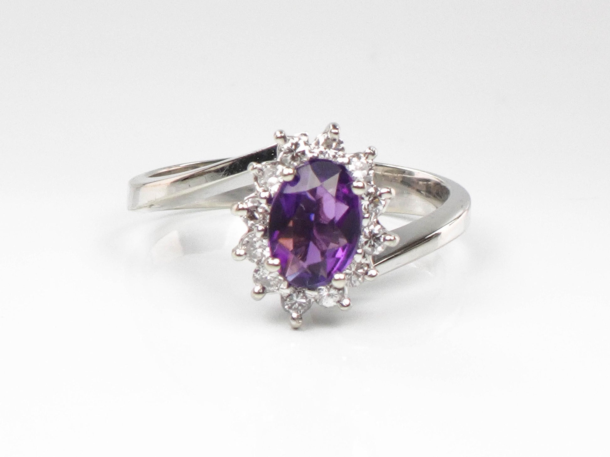 Vintage 14k White Gold Natural Amethyst and Diamond Halo Ring, Purple February Birthstone Ring, Size 7