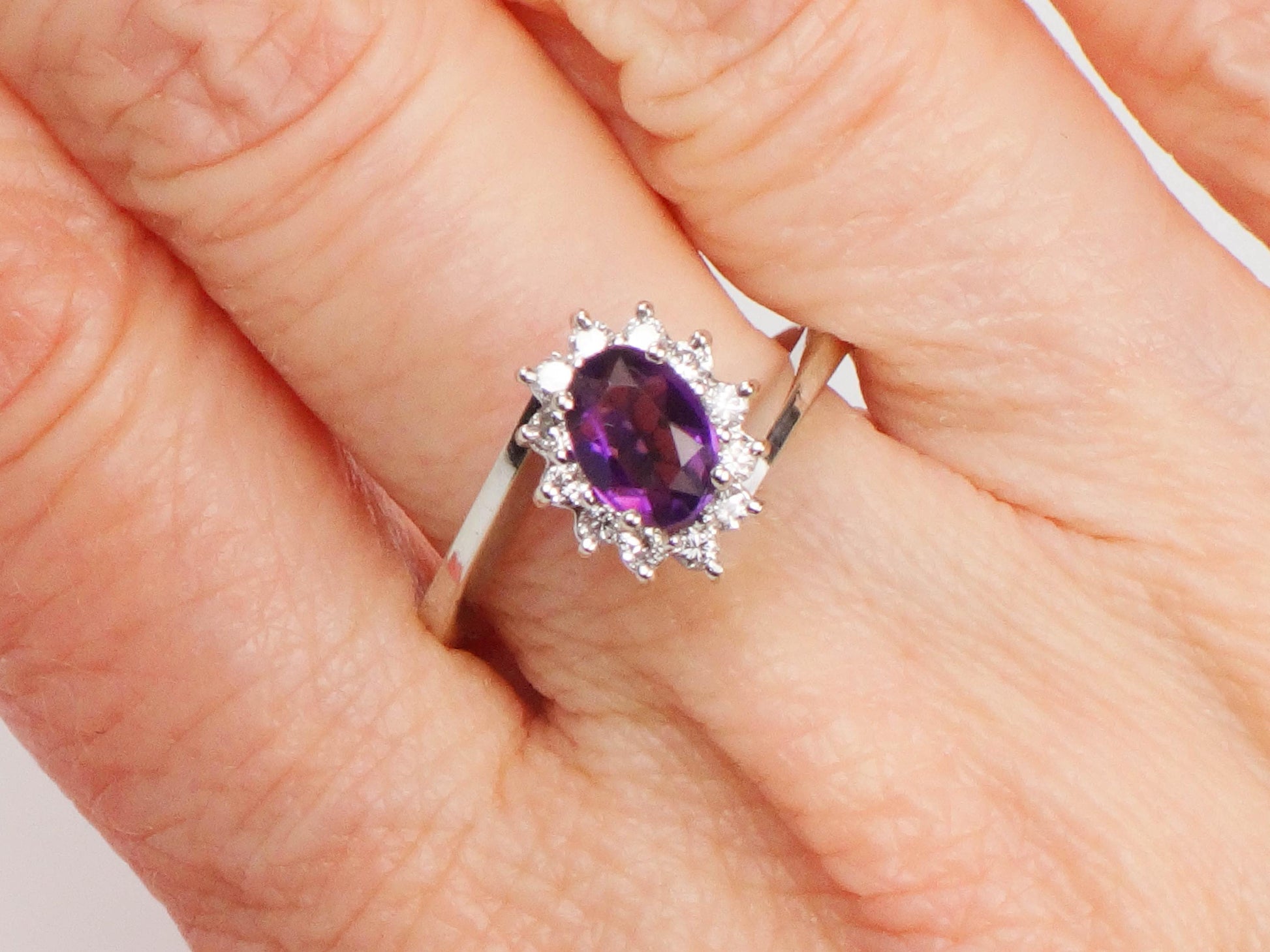 Vintage 14k White Gold Natural Amethyst and Diamond Halo Ring, Purple February Birthstone Ring, Size 7