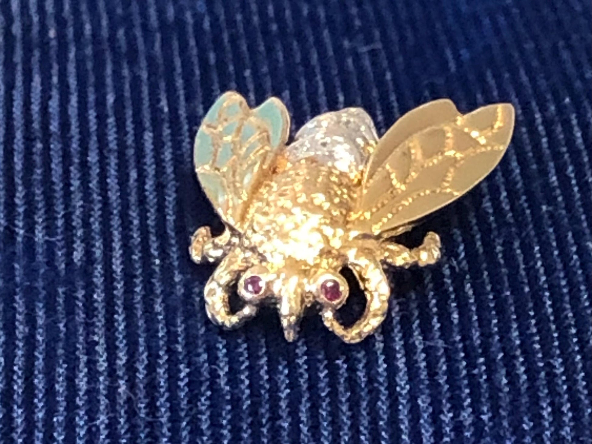 Vintage 14k Gold Bee Pendant Pin: Diamond & Ruby Bumble Bee