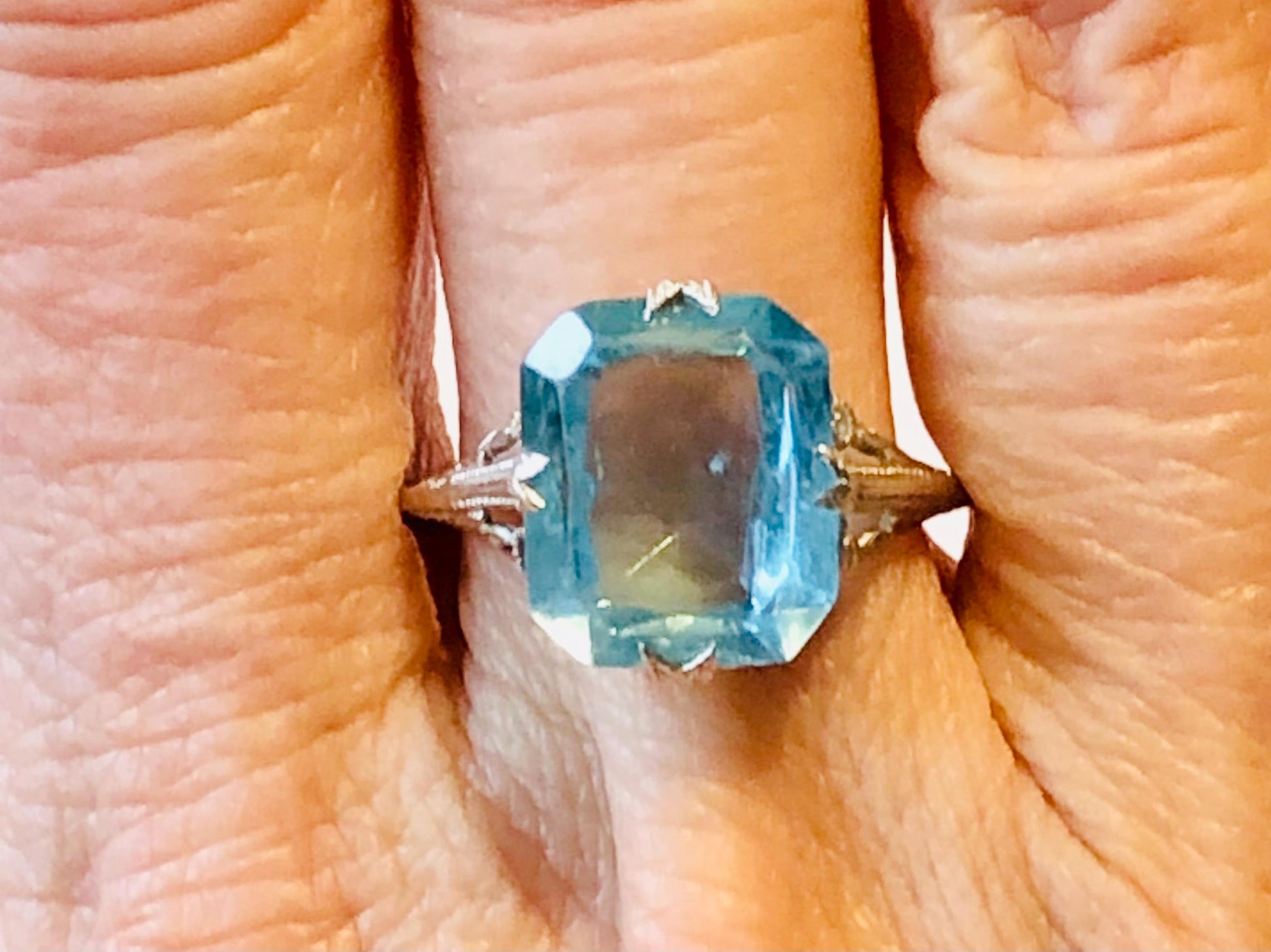 Vintage Art Deco Antique 14k White Gold Filigree Blue Glass Ring Size 8.25