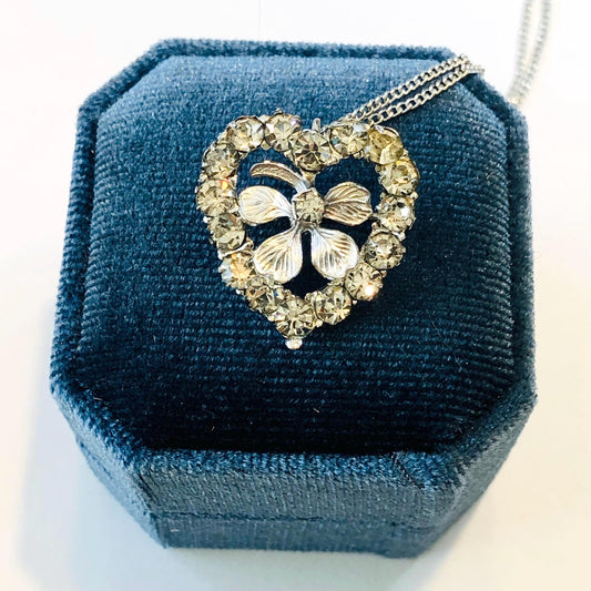 Vintage Carl Art Sterling Silver Rhinestone Heart Clover Necklace: Pendant Pin