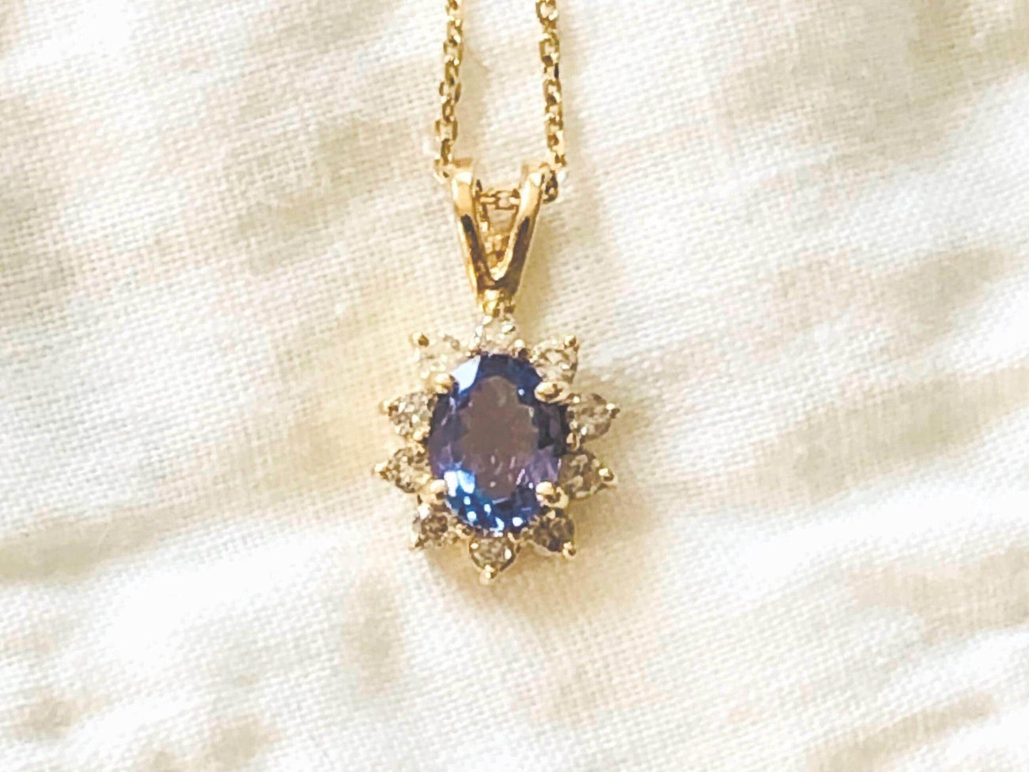 Vintage 14k Tanzanite Diamond Halo Pendant Necklace - 18"