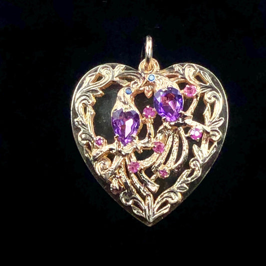 Vintage Large 14k Gold Jeweled Love Birds Heart Pendant with Purple Sapphires and Rubies, 3-D Charm