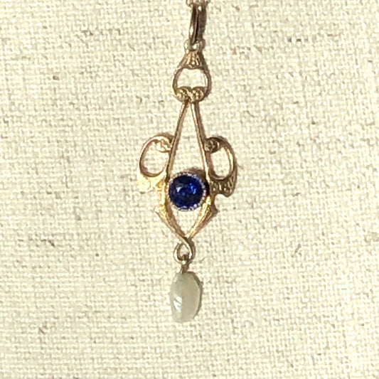 Antique 10k Yellow Gold Blue Glass and Pearl Pendant on 14k Chain, Art Nouveau Lavalier Necklace, Bridal Jewelry 16"