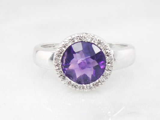 Vintage 14k White Gold Natural Amethyst Ring Checkerboard Cut Amethyst with Diamond Halo Purple February Birthstone Ring Size 7