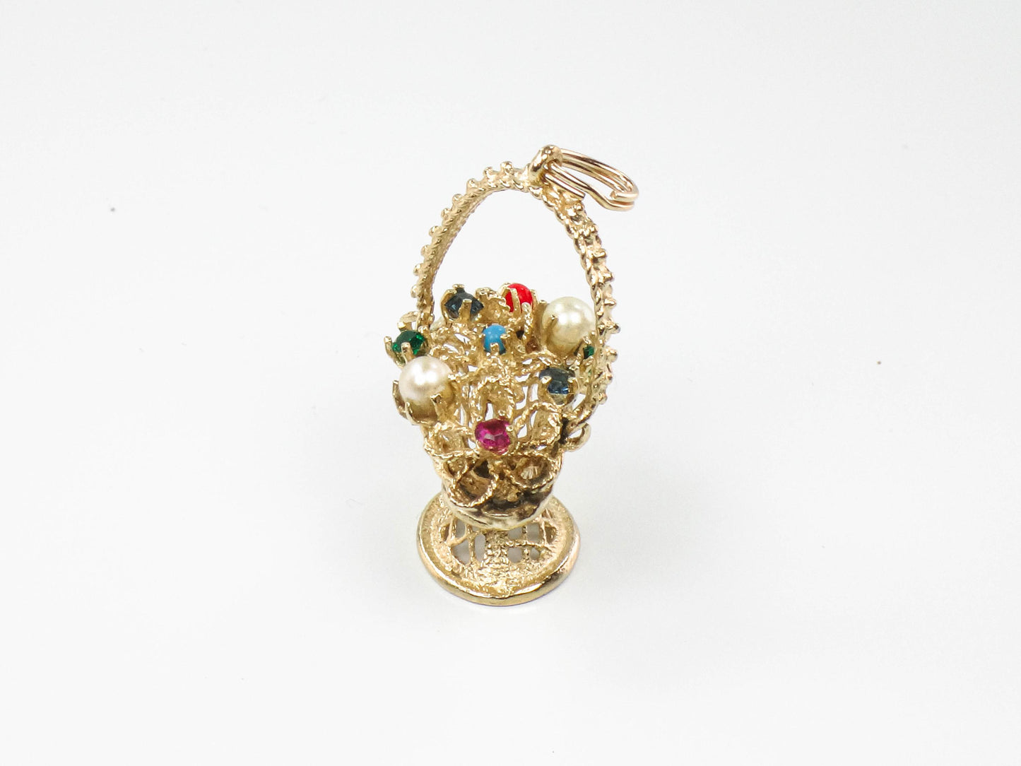 Vintage 14k Gold Basket of Flowers Charm, 3-D Yellow Gold Floral Gemstones Pendant