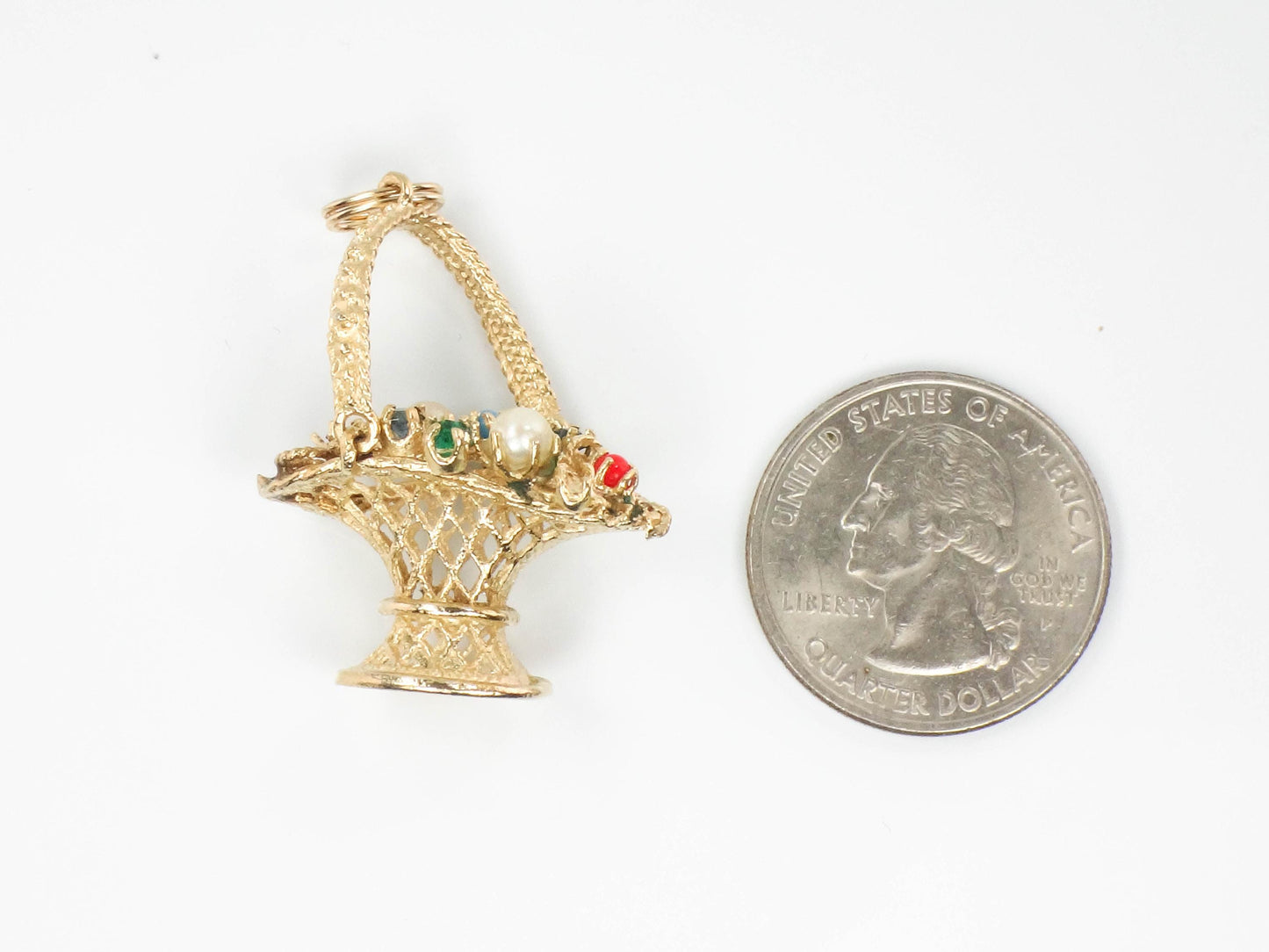 Vintage 14k Gold Basket of Flowers Charm, 3-D Yellow Gold Floral Gemstones Pendant