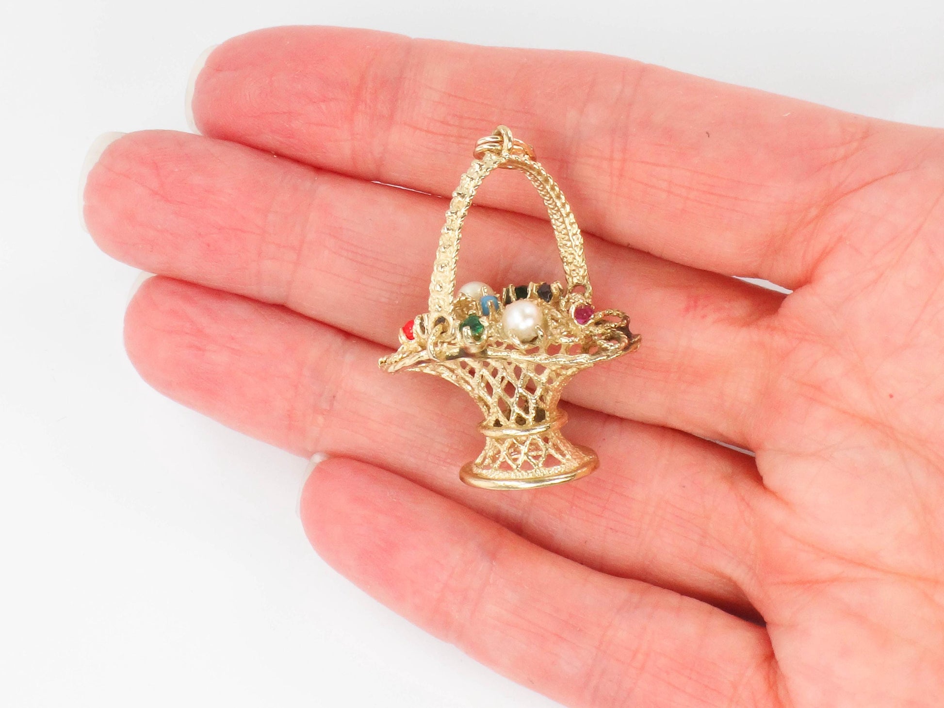 Vintage 14k Gold Basket of Flowers Charm, 3-D Yellow Gold Floral Gemstones Pendant