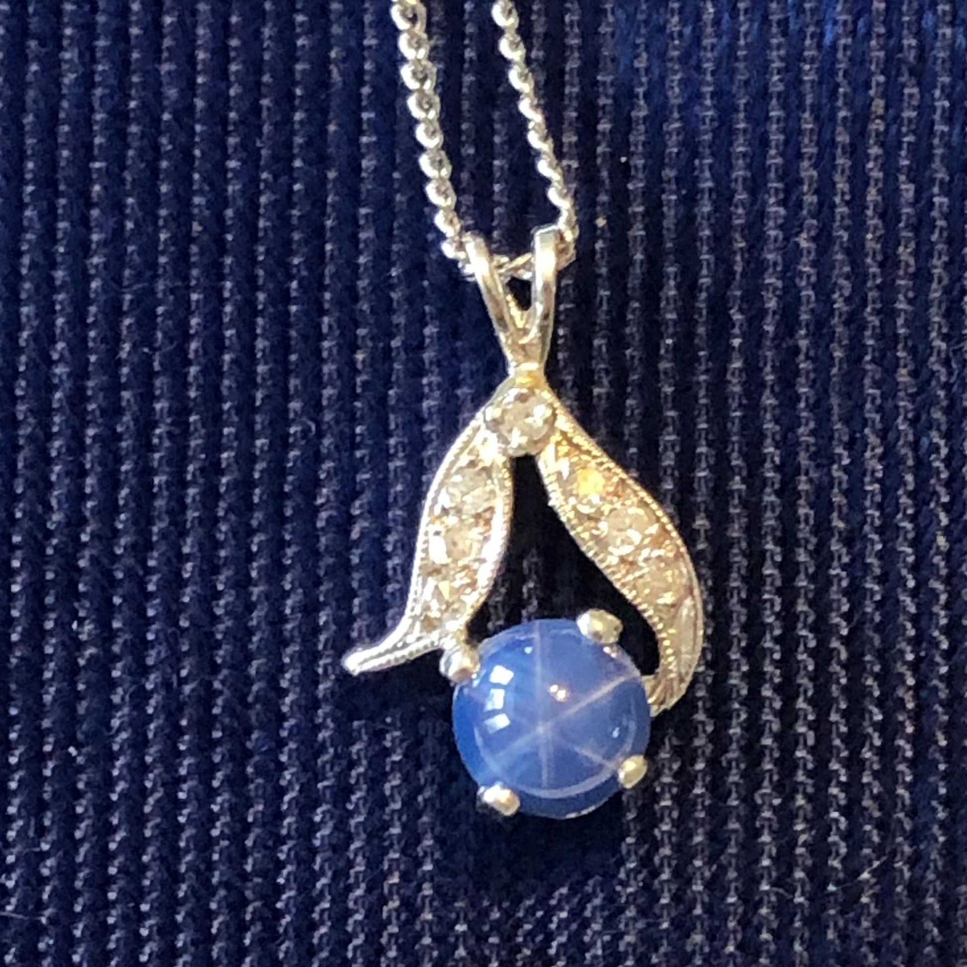 Vintage 14k White Gold Star Sapphire and Diamond Pendant with Sterling Silver Chain, Blue September Birthstone Necklace, 16"