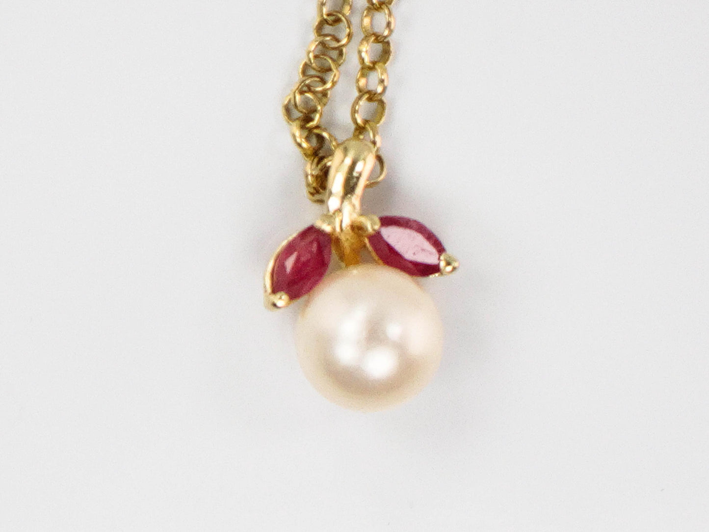 Vintage Solid Yellow Gold Pearl and Ruby Drop Necklace, 14k Cultured Pearl Pendant on 18k Chain, Bridal Necklace 16"