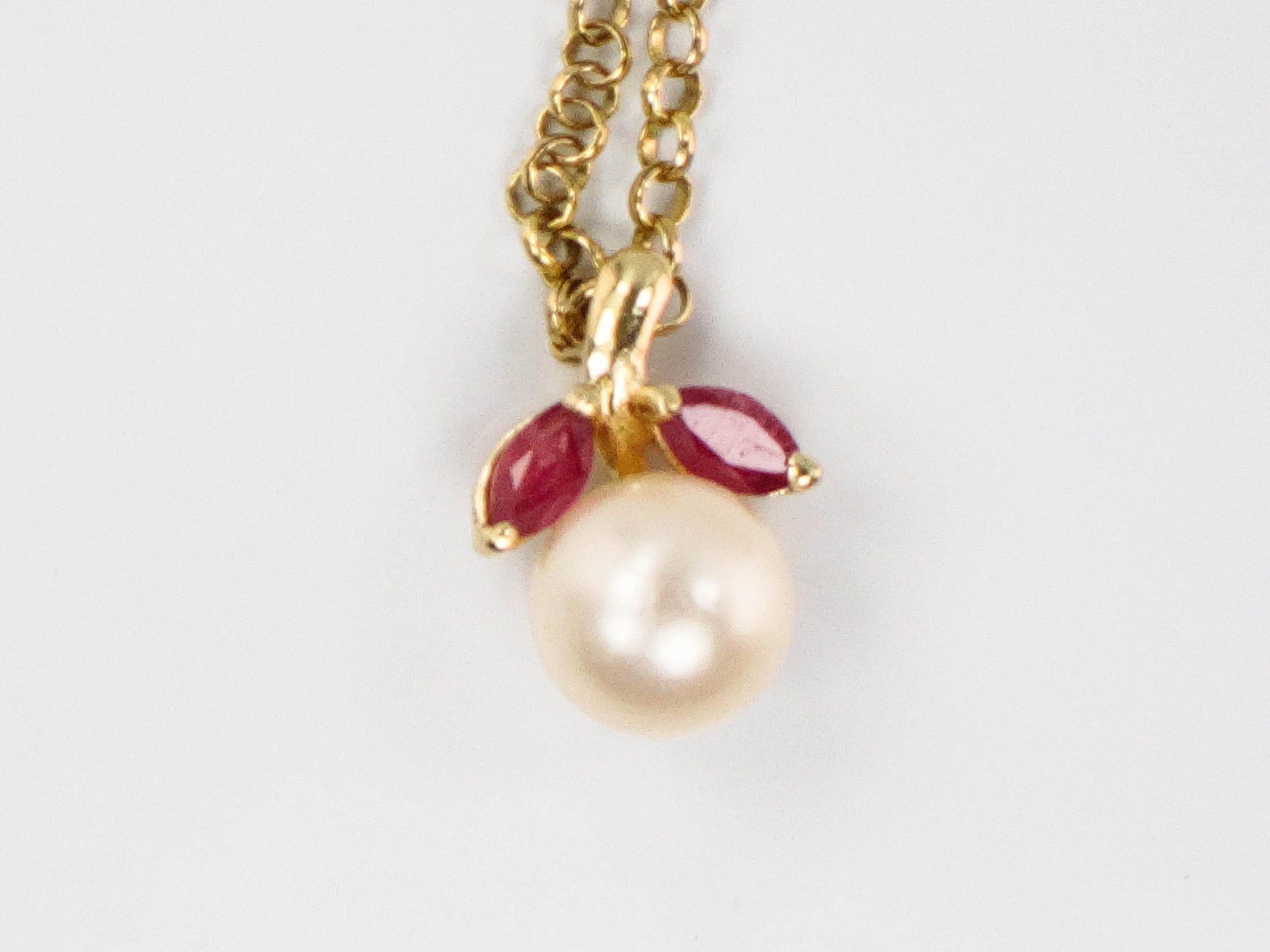 Vintage Solid Yellow Gold Pearl and Ruby Drop Necklace, 14k Cultured Pearl Pendant on 18k Chain, Bridal Necklace 16"