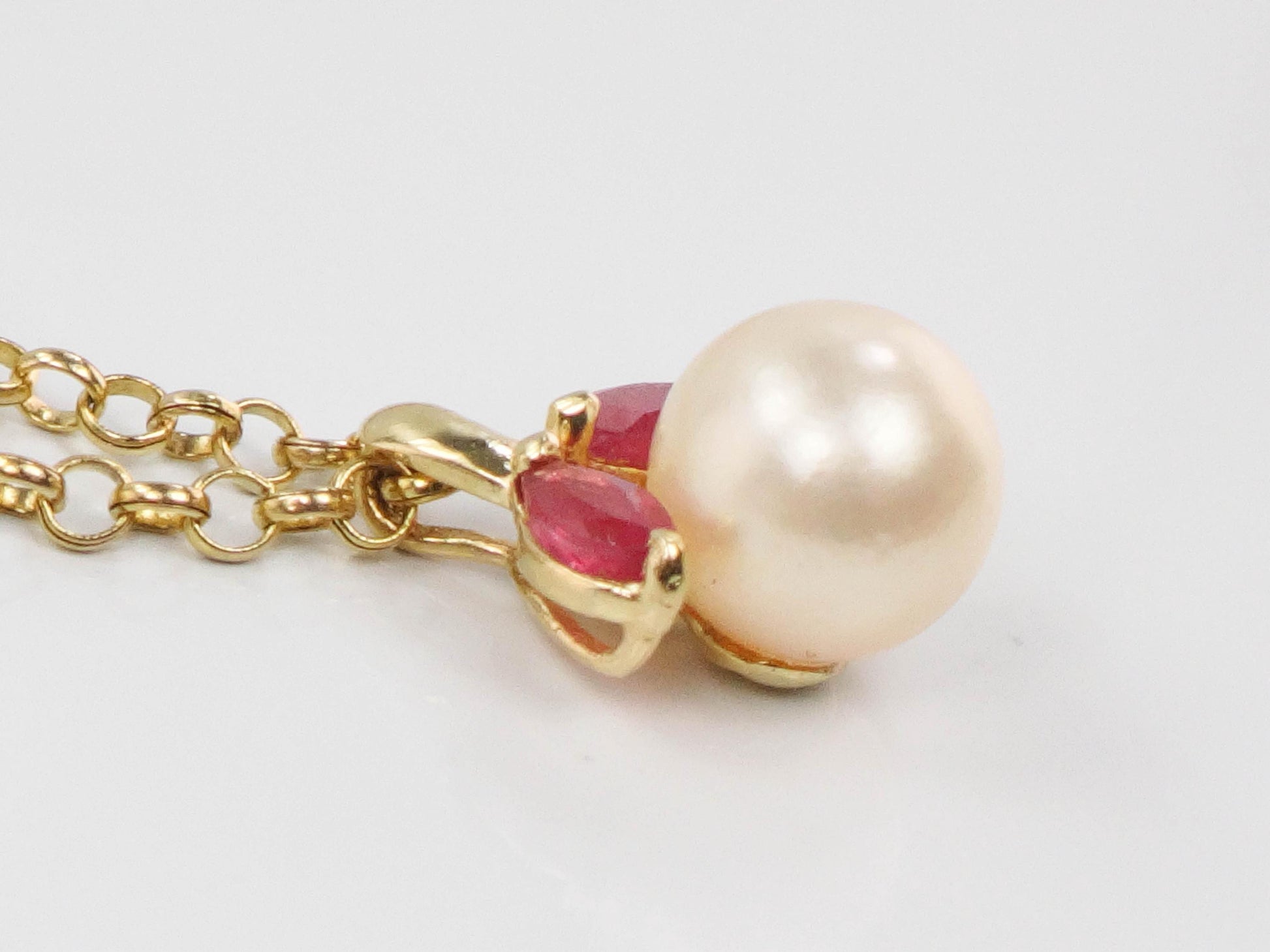 Vintage Solid Yellow Gold Pearl and Ruby Drop Necklace, 14k Cultured Pearl Pendant on 18k Chain, Bridal Necklace 16"