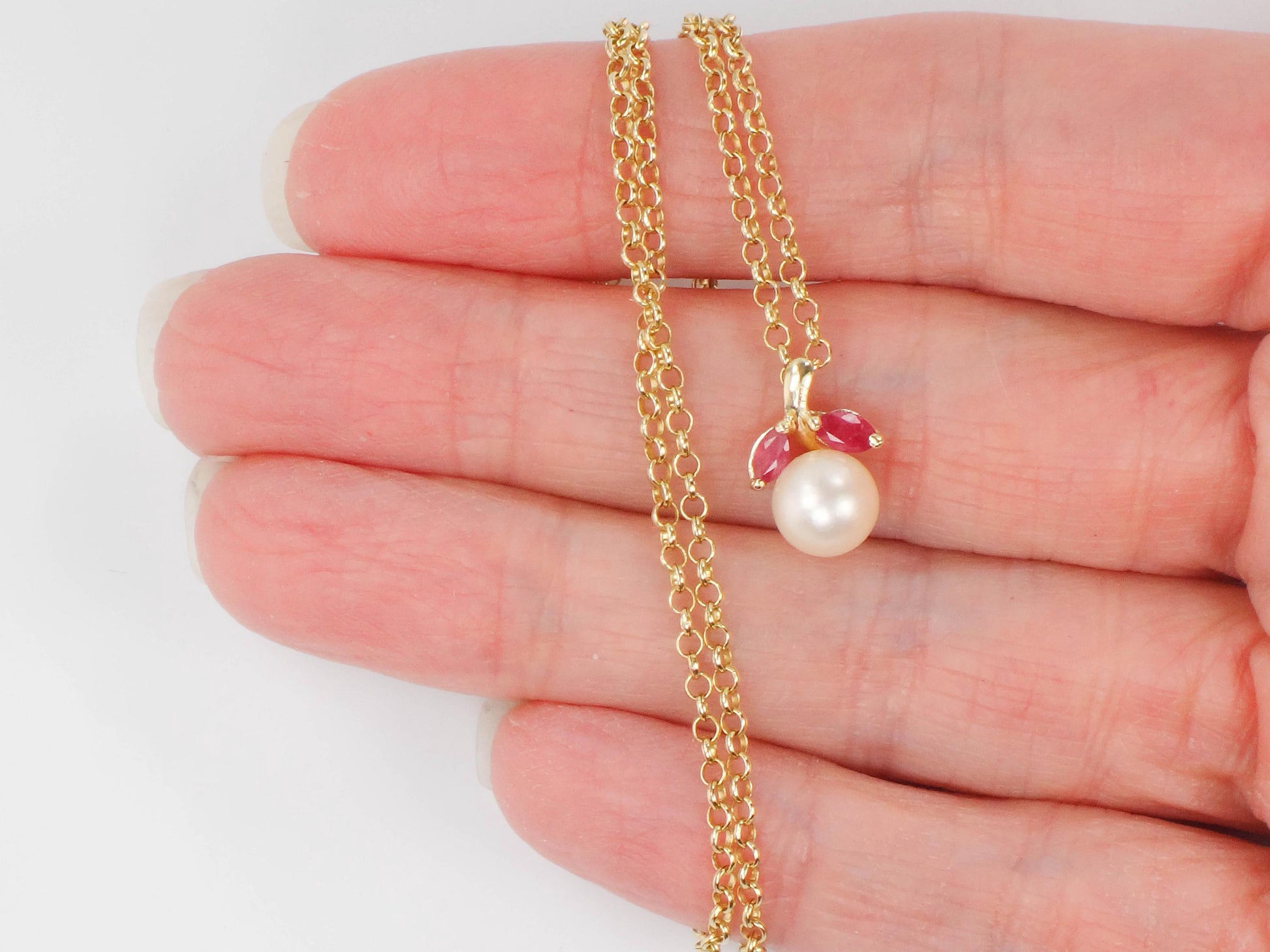 Vintage Solid Yellow Gold Pearl and Ruby Drop Necklace, 14k Cultured Pearl Pendant on 18k Chain, Bridal Necklace 16"