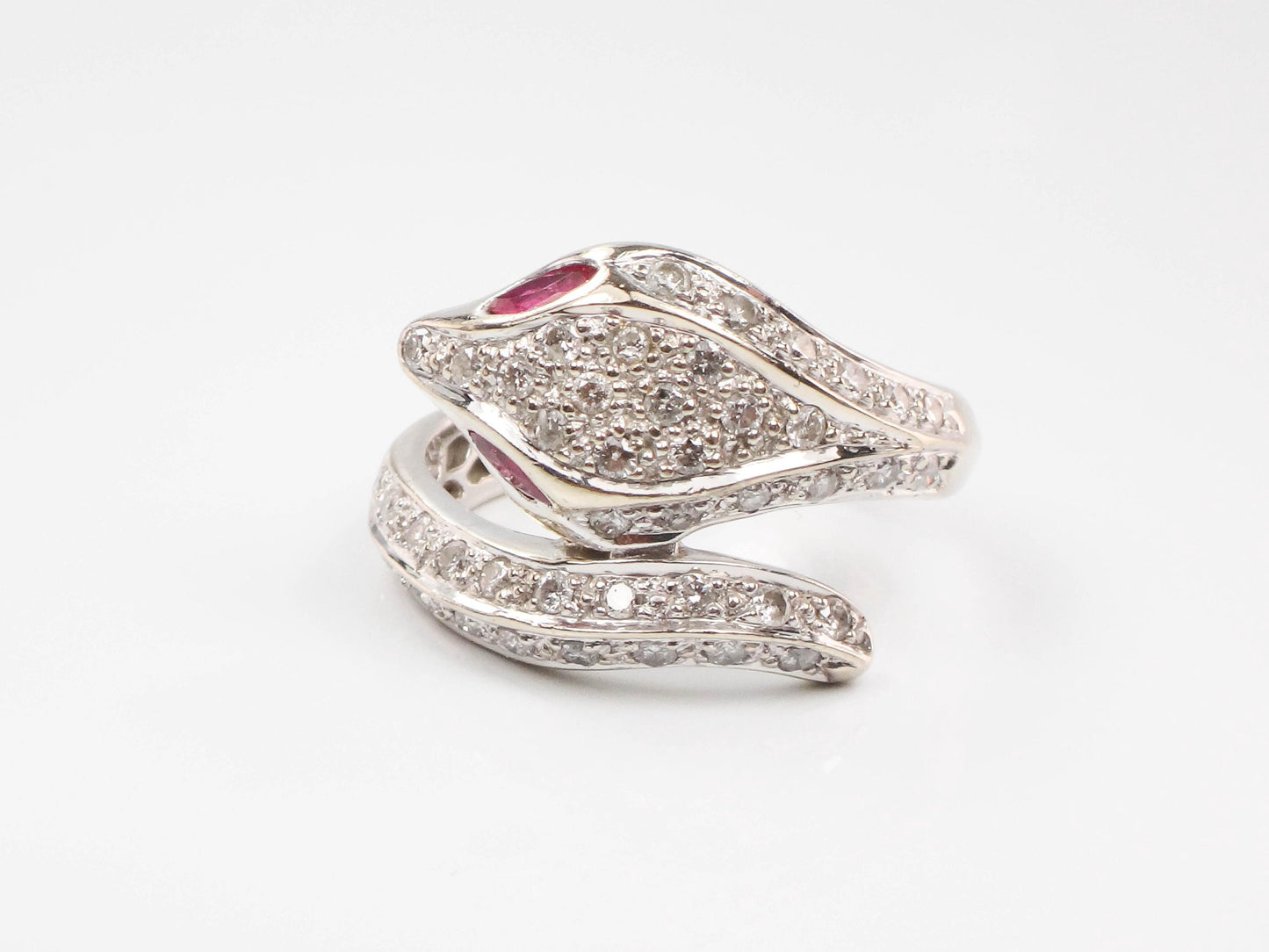 Vintage 14k White Gold Diamond and Ruby Snake Ring, Size 8