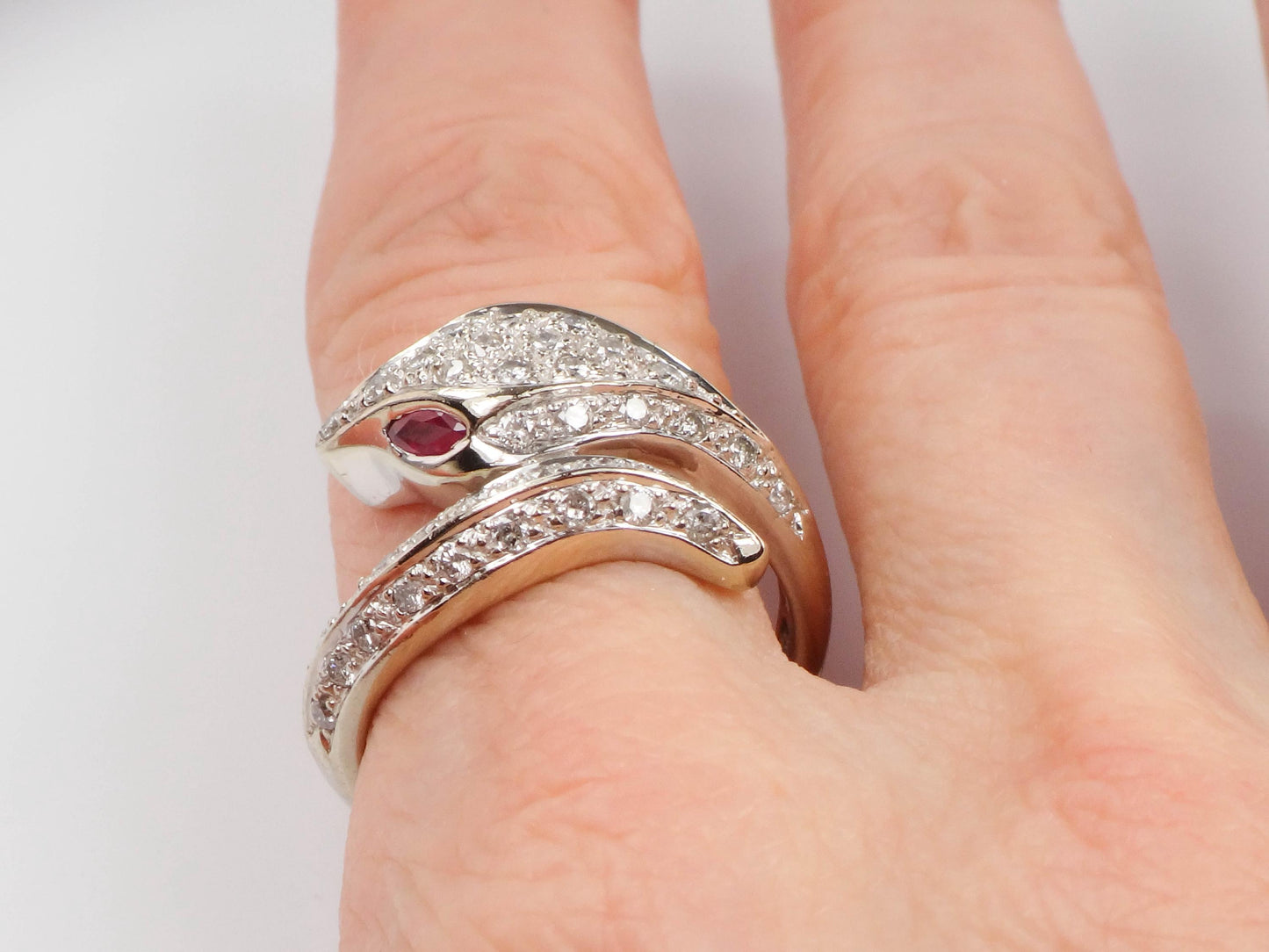 Vintage 14k White Gold Diamond and Ruby Snake Ring, Size 8