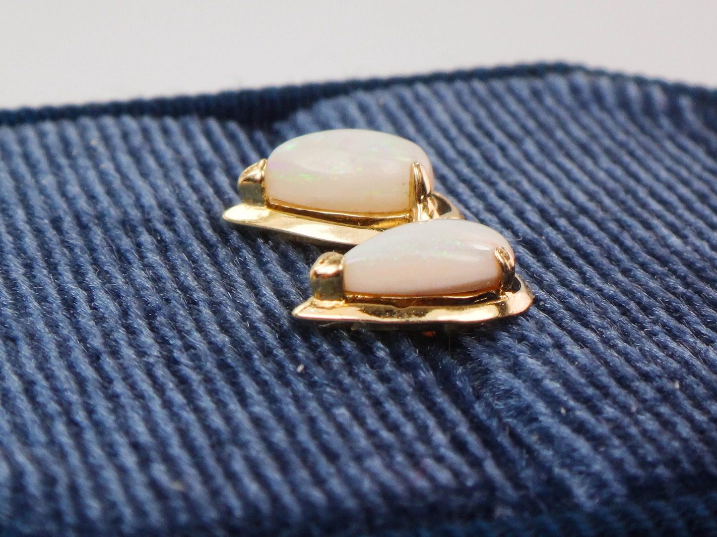 Vintage 14k Yellow Gold Natural Opal Earrings - Pear Shaped Studs - October Birthstone Birthday Gift