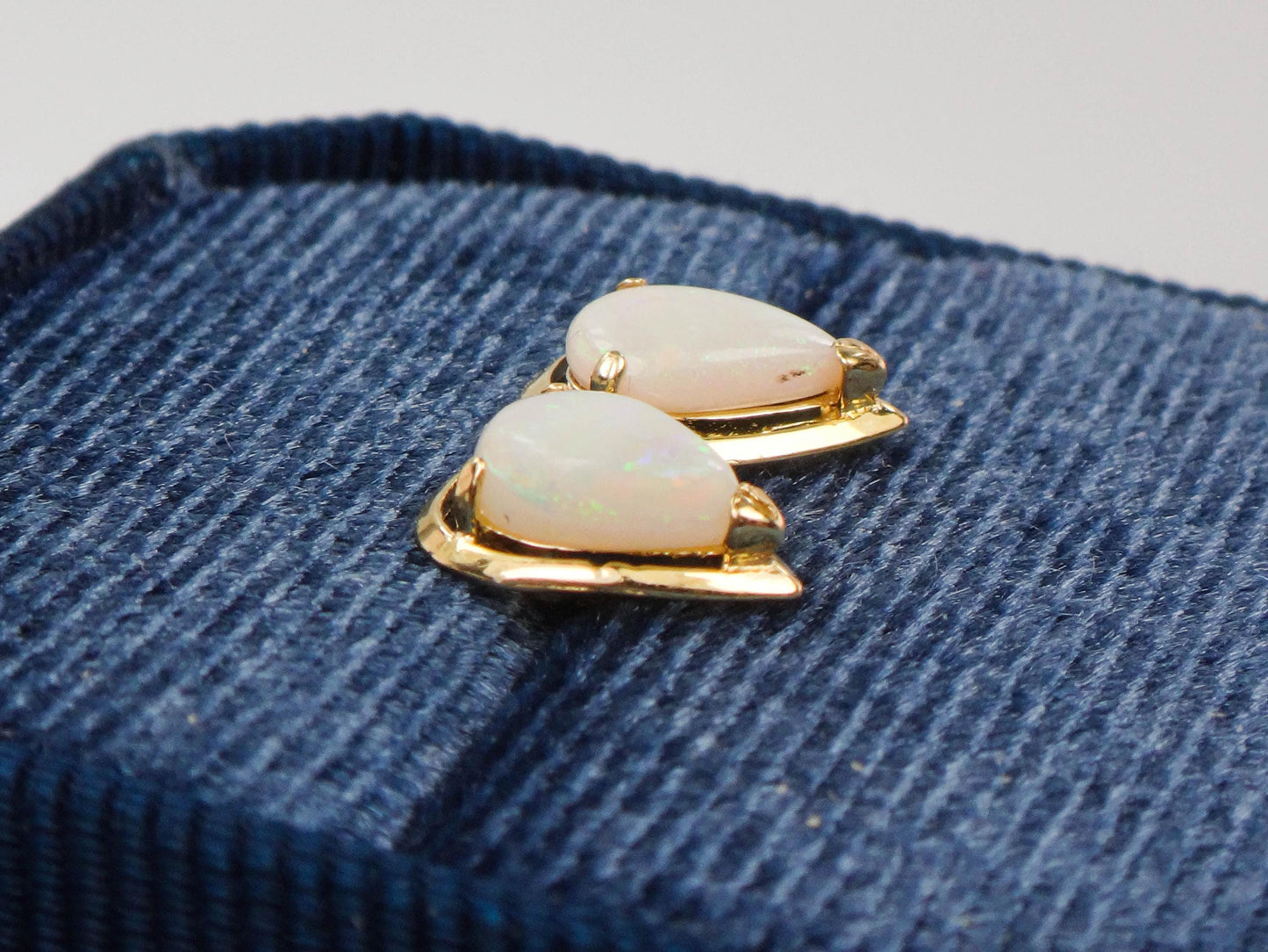 Vintage 14k Yellow Gold Natural Opal Earrings - Pear Shaped Studs - October Birthstone Birthday Gift