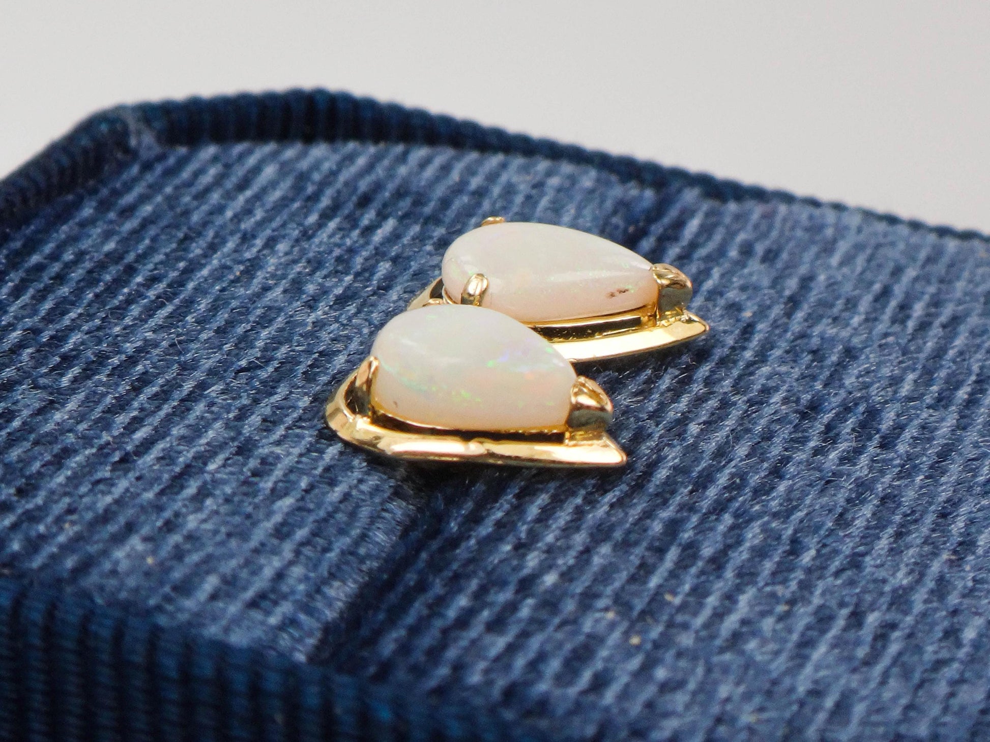Vintage 14k Yellow Gold Natural Opal Earrings - Pear Shaped Studs - October Birthstone Birthday Gift
