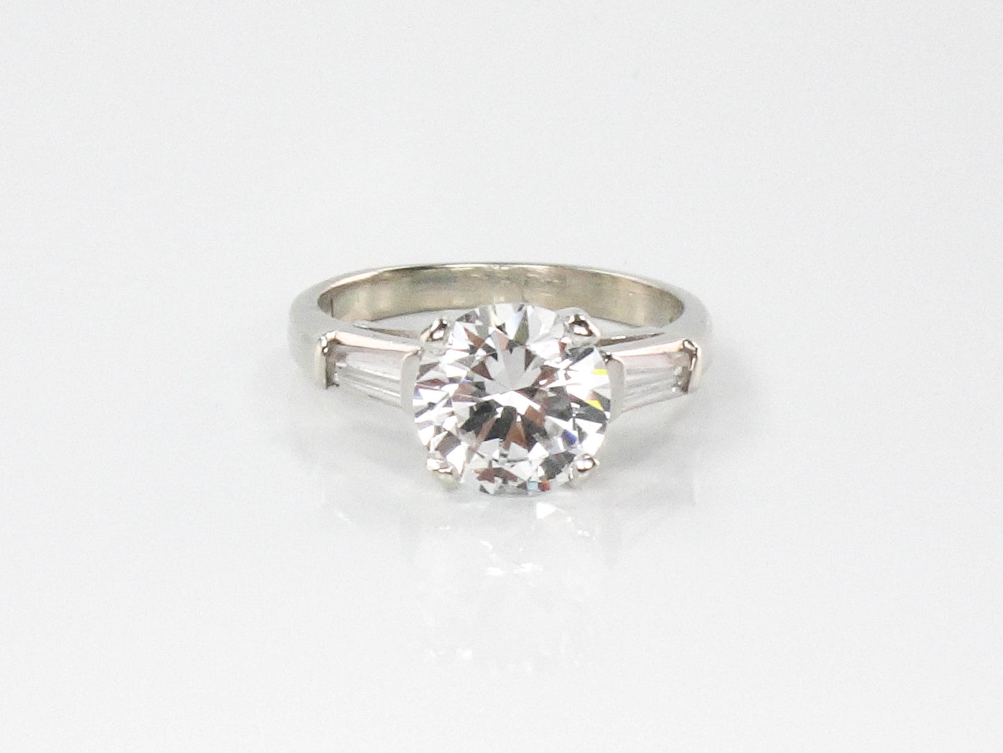 Vintage 14k Engagement Ring, Clear Spinel Ring, White Gold Imitation Diamond Ring with Baguettes, Travel Ring