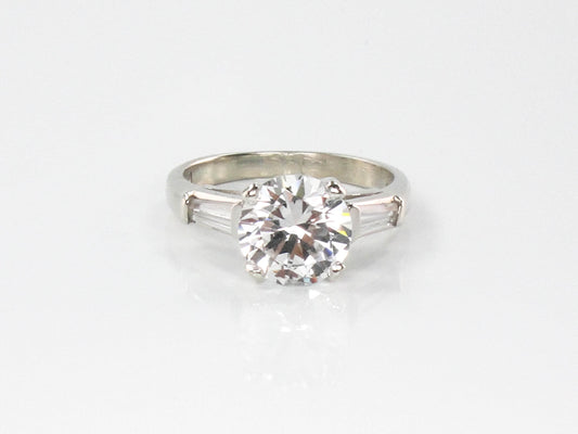 Vintage 14k Engagement Ring, Clear Spinel Ring, White Gold Imitation Diamond Ring with Baguettes, Travel Ring