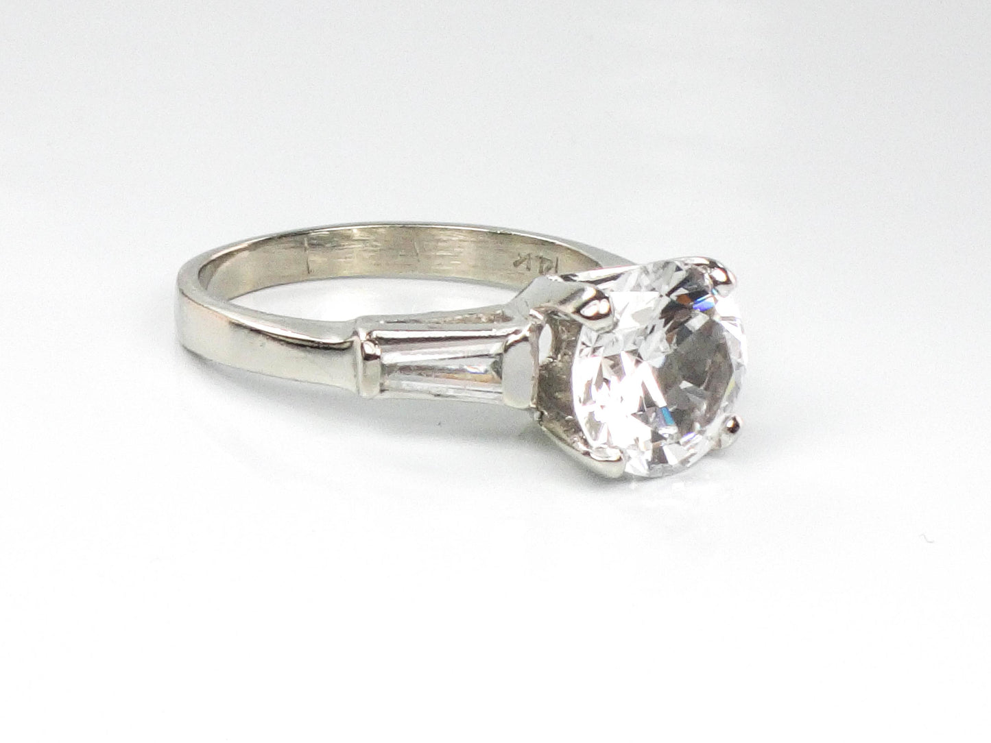 Vintage 14k Engagement Ring, Clear Spinel Ring, White Gold Imitation Diamond Ring with Baguettes, Travel Ring