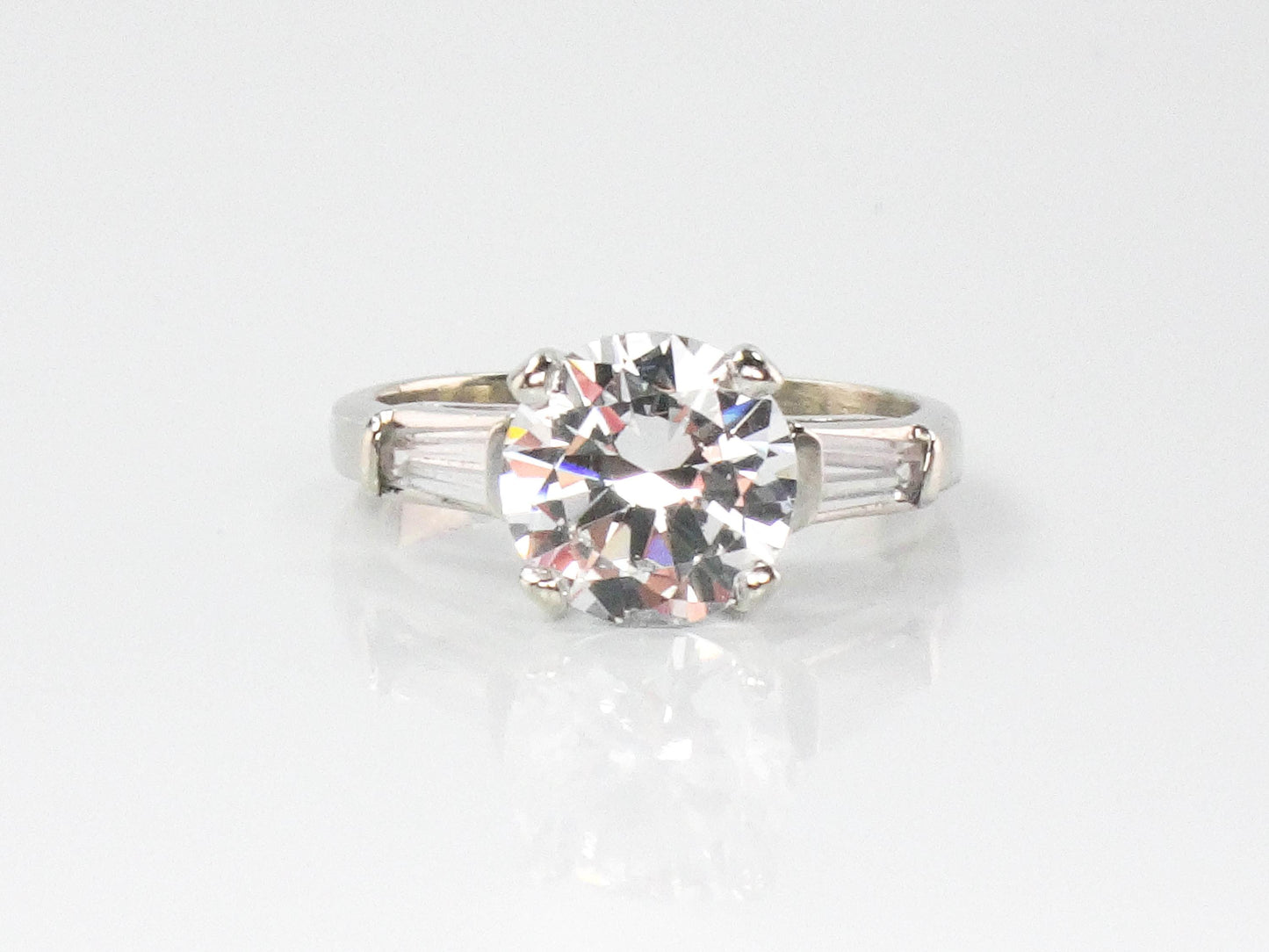 Vintage 14k Engagement Ring, Clear Spinel Ring, White Gold Imitation Diamond Ring with Baguettes, Travel Ring