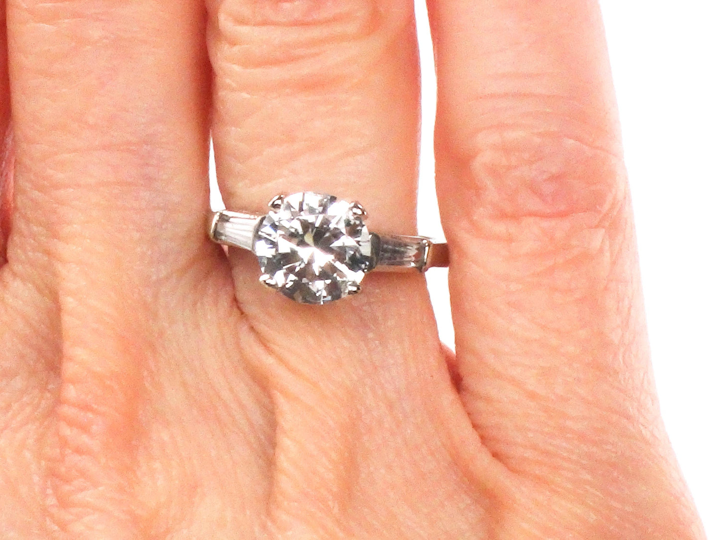 Vintage 14k Engagement Ring, Clear Spinel Ring, White Gold Imitation Diamond Ring with Baguettes, Travel Ring